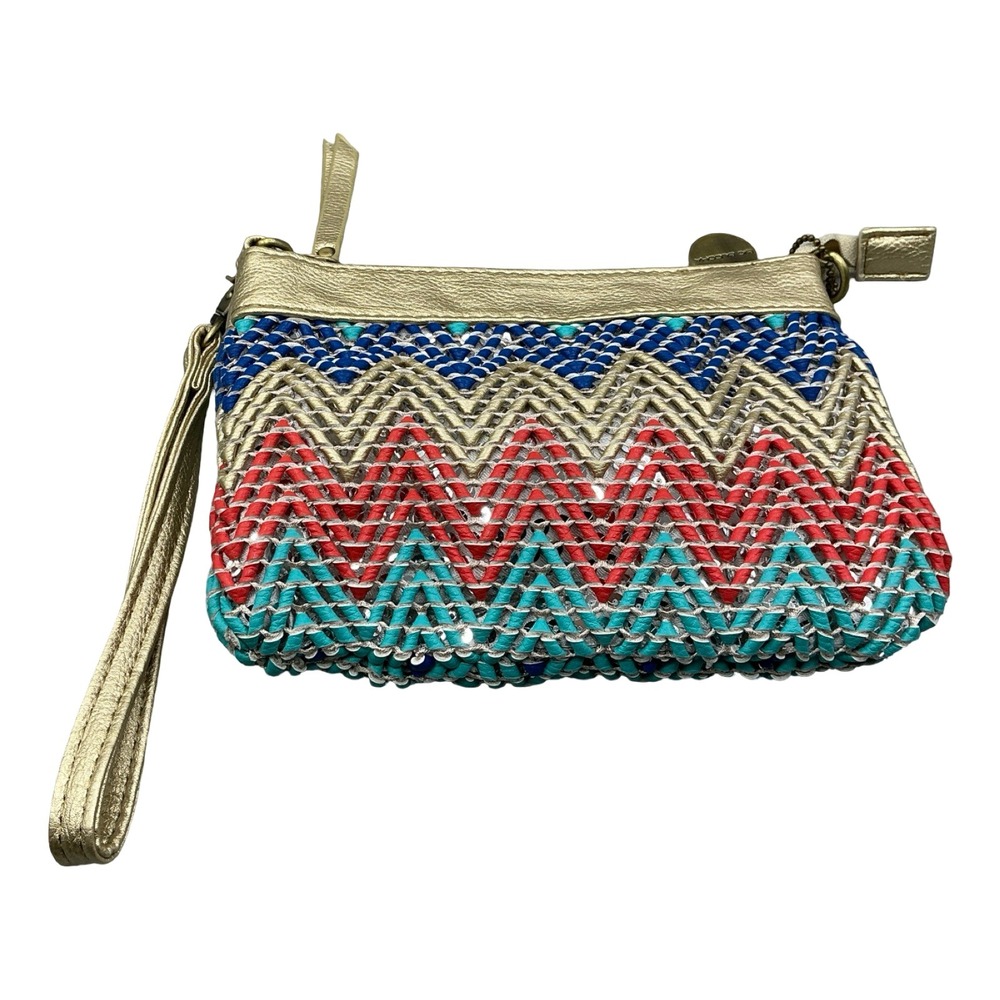 Big Buddha Woven Chevron Wristlet Crossbody Bag Gold Multi Zig Zag Small Bag - Picture 3 of 7